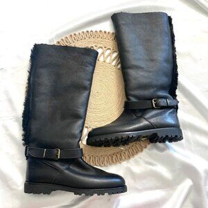 Timberland Black Leather Suede Biker Sherpa Lined Tall Boots Size 6.5